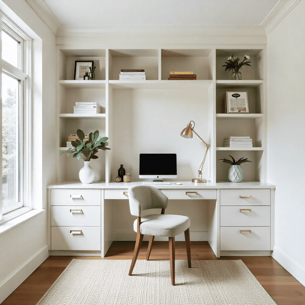 Modern home office with custom shelving and natural light